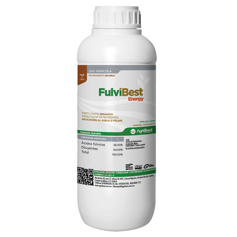 Fertilizante orgánico de aplicación dirigida al suelo o foliar, FulviBest Energy